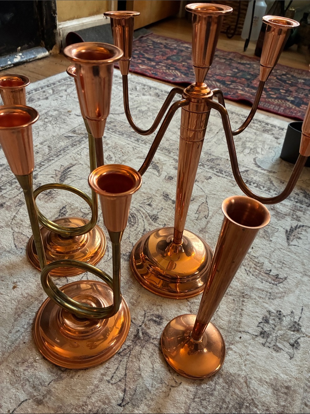 MCM Coppercraft Guild Bundle of Copper Finish Candleholders and Weighted Vase